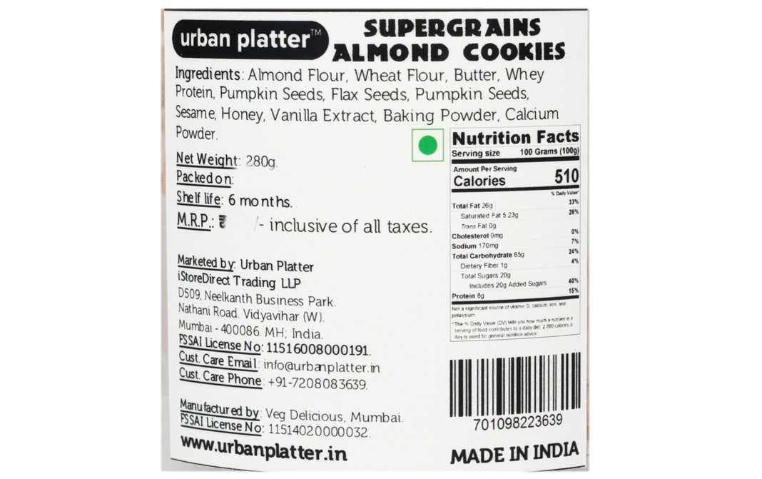 Urban Platter Supergrains Almond Cookies   Plastic Jar  280 grams